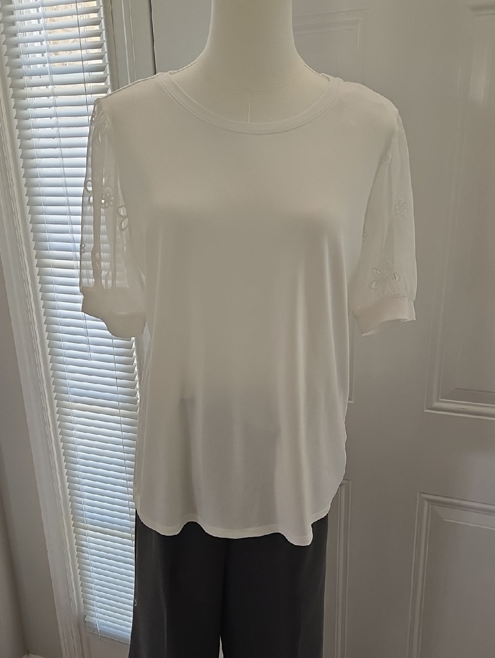 CeCe White Short Sleeve Embroidered Mesh-Sleeve Top